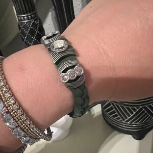 Lia Sophia Boutique Crystal & Antique Silver Curved Lines Green Suede Bracelet